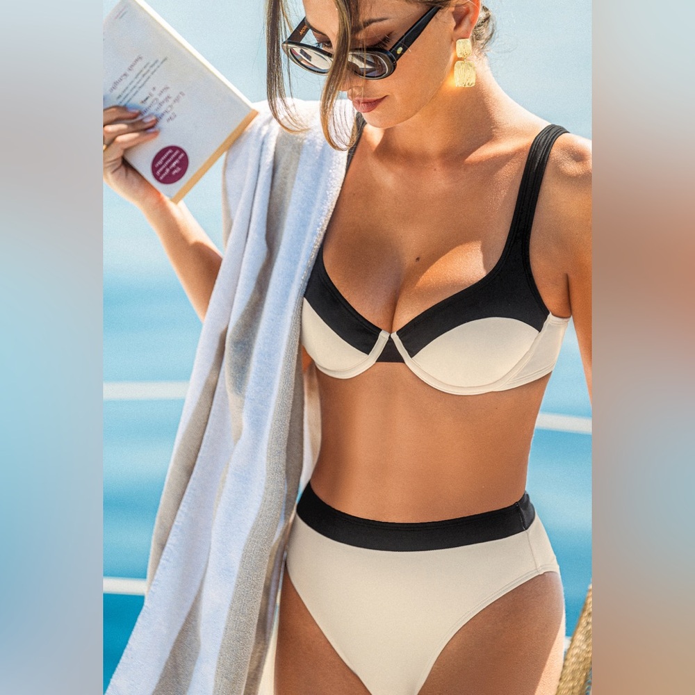 Cupshe Caught in Between Tummy Control Bikini Set black and Cream XL/L NWT